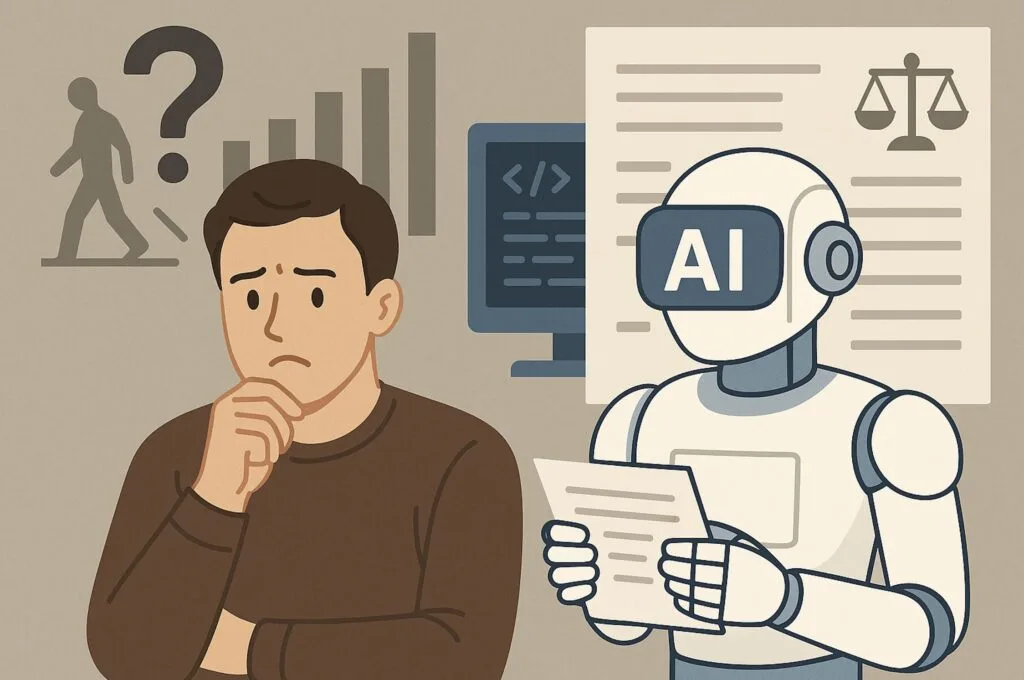 일자리 문제와 윤리적 고민을 하는 사람과 AI