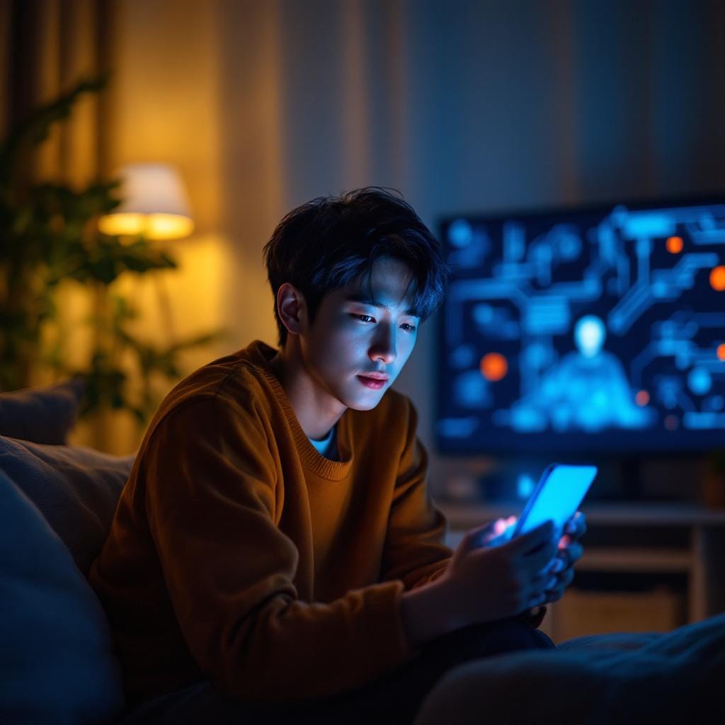 화면의 친절한 AI와 대화하며 안도와 불안이 교차하는 순간을 포착한 사진 ⓒ motosamokat